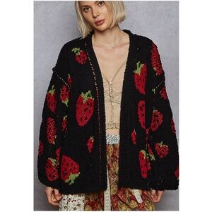 POL Strawberry Print Open Front oversized Cardigan